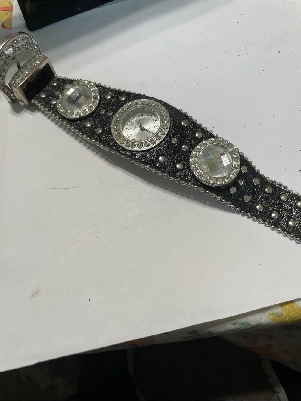 Geneva Black Crystal-Embellished Leather Cuff Watch    Needs Battery.